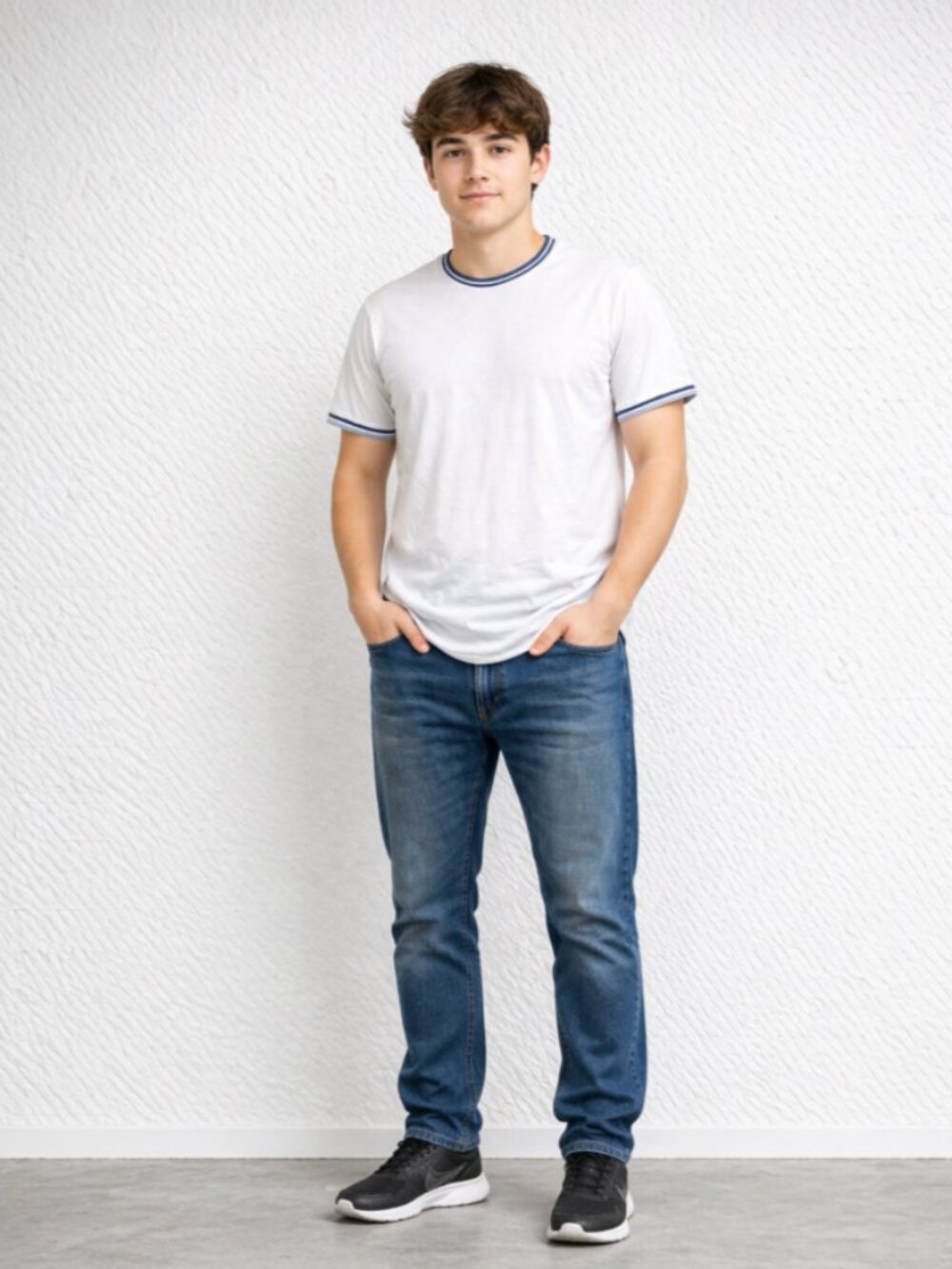 Scott James Ringer T-Shirt Youth Small White Blue Trim Side Vents Tee